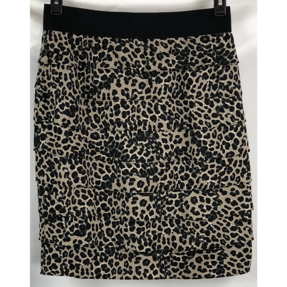 Alfani straight skirt 14 Leopard layered ruffles elastic panel 32”W Knee Length